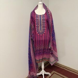Purple & Pink Printed Three Piece Salwar Kameez with Dupatta
